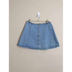 Vintage 90s Juniors Denim Mini Skirt Size 11 Blue Button Front A Line Light Wash